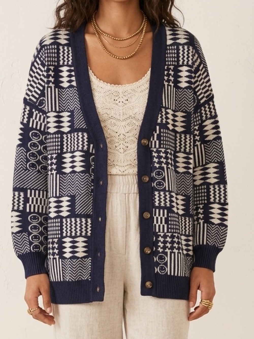 Cleobella Navy White Patchwork Knit Cardigan Sweater S Geometric Smiley